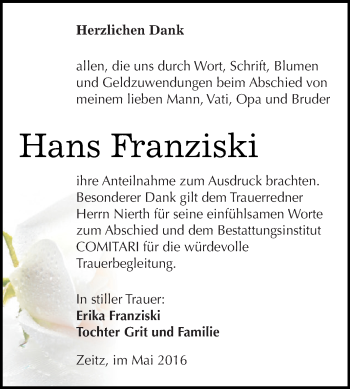 Traueranzeige von Hans Franziski von Super Sonntag Zeitz