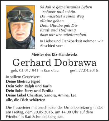 Traueranzeige von Gerhard Dobrawa von WVG - Wochenspiegel Wittenberg