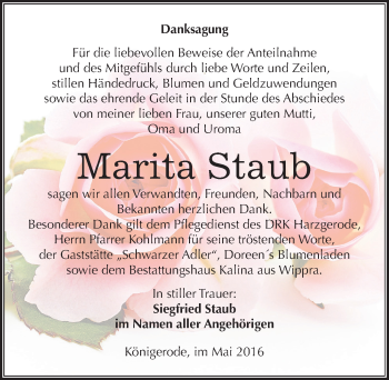 Traueranzeige von Marita Staub von Mitteldeutsche Zeitung Quedlinburg