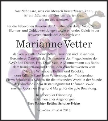 Traueranzeige von Marianne Vetter von WVG - Wochenspiegel Wittenberg