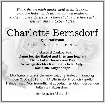 Traueranzeige von Charlotte Bernsdorf von Mitteldeutsche Zeitung Mansfelder Land