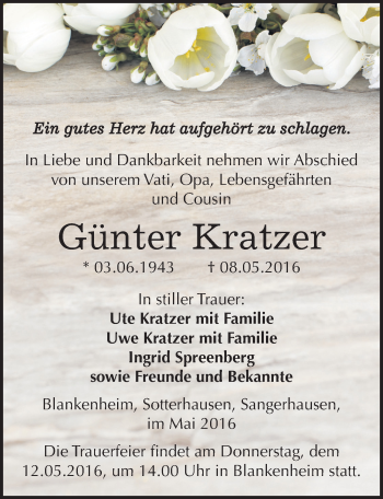 Traueranzeige von Günter Kratzer von Mitteldeutsche Zeitung Sangerhausen