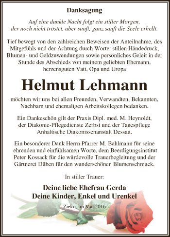 Traueranzeige von Helmut Lehmann von WVG - Wochenspiegel Dessau / Köthen