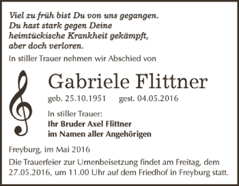 Traueranzeige von Gabriele Flittner von WVG - Wochenspiegel NMB / WSF / ZTZ