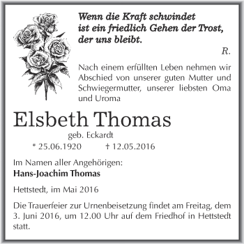 Traueranzeige von Elsbeth Thomas von Wochenspiegel Mansfelder Land