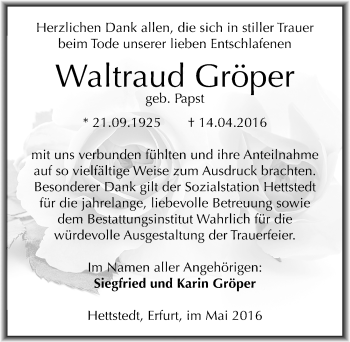 Traueranzeige von Waltraud Gröper von Mitteldeutsche Zeitung Mansfelder Land