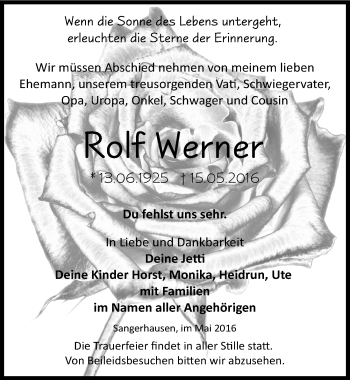 Traueranzeige von Rolf Werner von Mitteldeutsche Zeitung Sangerhausen