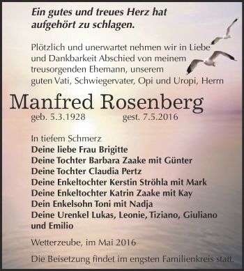 Traueranzeige von Manfred Rosenberg von Super Sonntag Zeitz