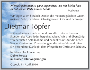 Traueranzeige von Dietmar Töpfer von WVG - Wochenspiegel NMB / WSF / ZTZ