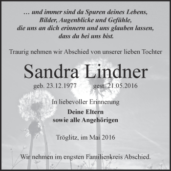 Traueranzeige von Sandra Lindner von Super Sonntag Zeitz