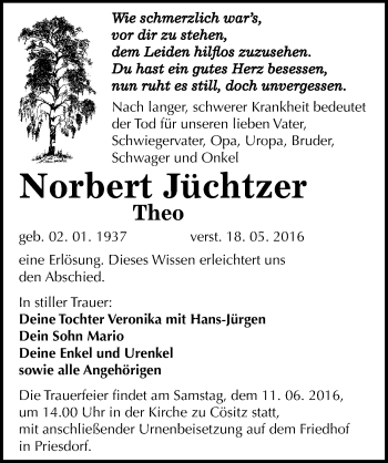 Traueranzeige von Norbert Jüchtzer von Mitteldeutsche Zeitung Köthen