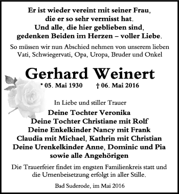Traueranzeige von Gerhard Weinert von Mitteldeutsche Zeitung Quedlinburg