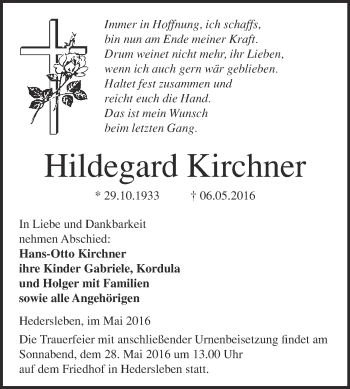 Traueranzeige von Hildegard Kirchner von WVG - Wochenspiegel Quedlinburg