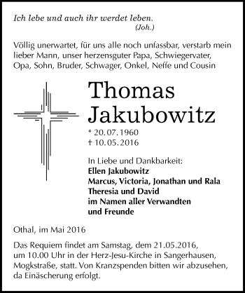 Traueranzeige von Thomas Jakubowitz von Mitteldeutsche Zeitung Sangerhausen