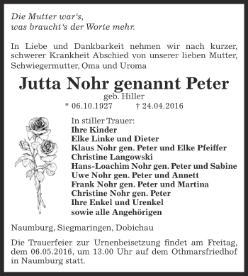 Traueranzeige von Jutta Nohr von WVG - Wochenspiegel NMB / WSF / ZTZ