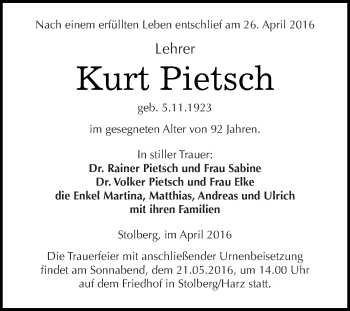 Traueranzeige von Kurt Pietsch von Super Sonntag SGH Mansf. Land