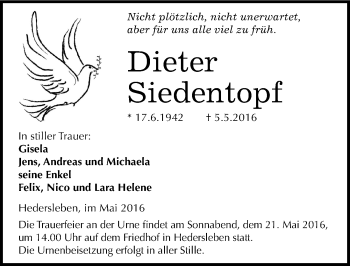 Traueranzeige von Dieter Siedentopf von Mitteldeutsche Zeitung Quedlinburg