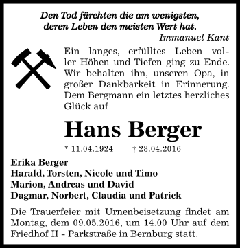 Traueranzeige von Hans Berger von Mitteldeutsche Zeitung Bernburg
