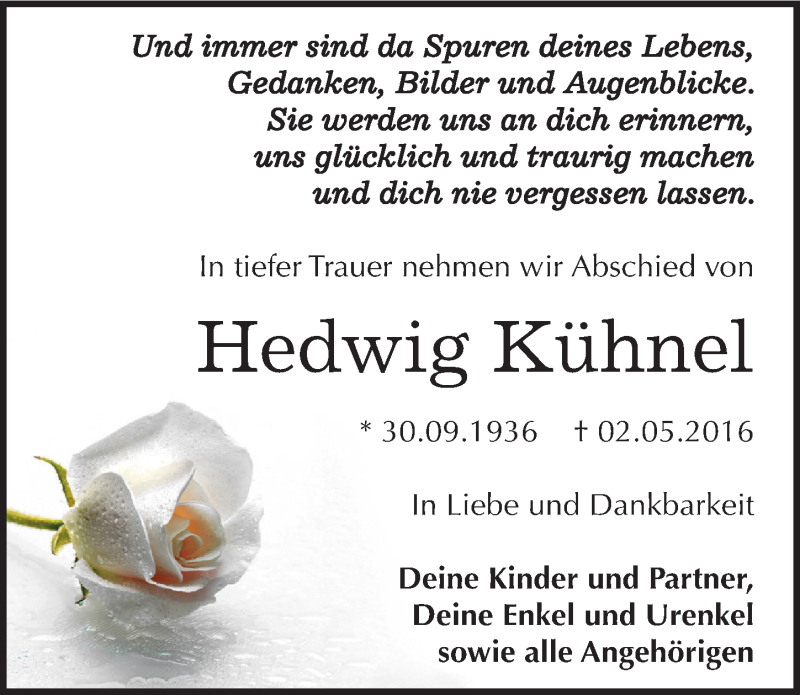  Traueranzeige für Hedwig Kühnel vom 07.05.2016 aus Mitteldeutsche Zeitung Dessau-Roßlau