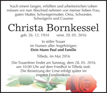 Traueranzeige von Christa Bornkessel von Mitteldeutsche Zeitung Sangerhausen