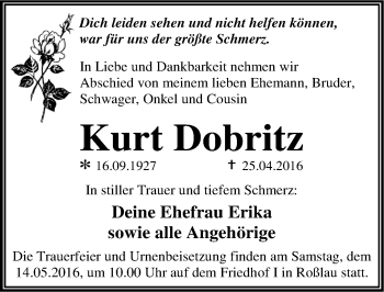 Traueranzeige von Kurt Dobritz von Mitteldeutsche Zeitung Dessau-Roßlau