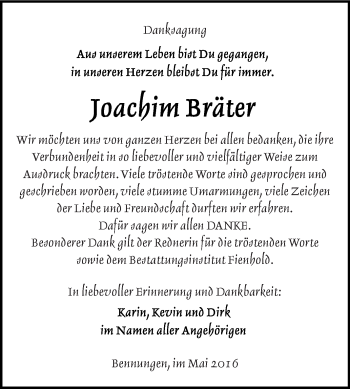 Traueranzeige von Joachim Bräter von Super Sonntag SGH Mansf. Land