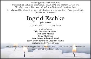 Traueranzeige von Ingrid Eschke von Mitteldeutsche Zeitung Mansfelder Land