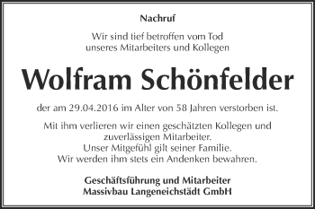 Traueranzeige von Wolfram Schönfelder von WVG - Wochenspiegel Merseburg