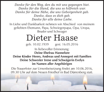 Traueranzeige von Dieter Haase von WVG - Wochenspiegel Merseburg