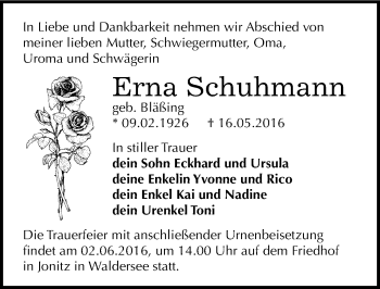 Traueranzeige von Erna Schuhmann von Mitteldeutsche Zeitung Dessau-Roßlau