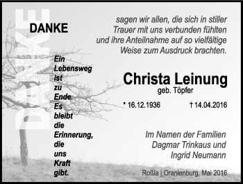 Traueranzeige von Christa Leinung von Mitteldeutsche Zeitung Sangerhausen