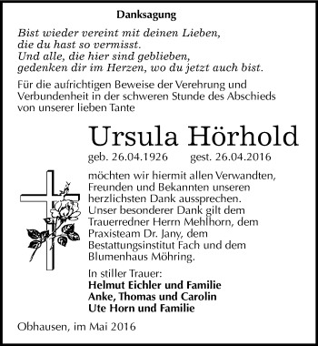 Traueranzeige von Ursula Hörhold von Mitteldeutsche Zeitung Merseburg/Querfurt