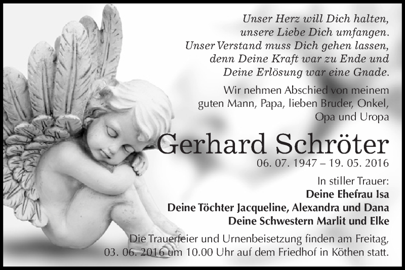  Traueranzeige für Gerhard Schröter vom 28.05.2016 aus WVG - Wochenspiegel Dessau / Köthen