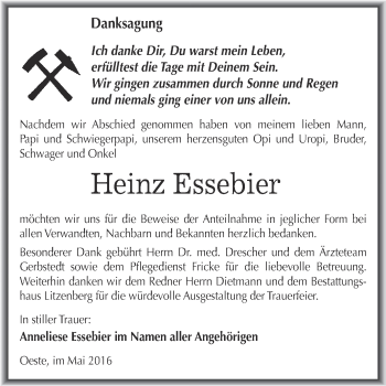 Traueranzeige von Heinz Essebier von Wochenspiegel Mansfelder Land