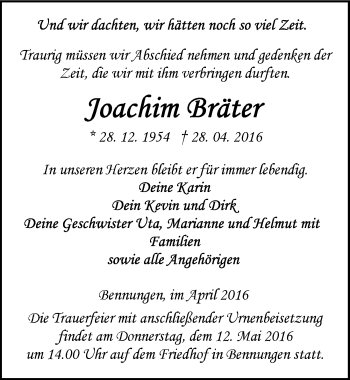 Traueranzeige von Joachim Bräter von Mitteldeutsche Zeitung Sangerhausen