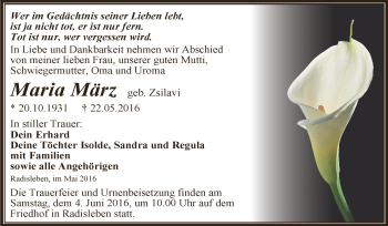 Traueranzeige von Maria März von Super Sonntag Aschersleben