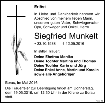 Traueranzeige von Siegfried Munkelt von Mitteldeutsche Zeitung Weißenfels