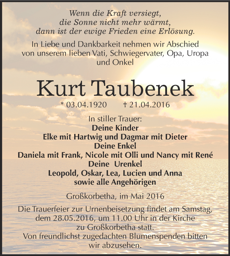  Traueranzeige für Kurt Taubenek vom 18.05.2016 aus Super Sonntag Merseburg