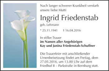 Traueranzeige von Ingrid Friedenstab von Super Sonntag Bernburg