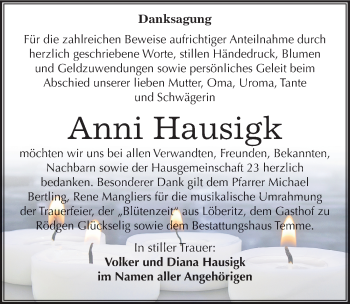 Traueranzeige von Anni Hausigk von Mitteldeutsche Zeitung Bitterfeld