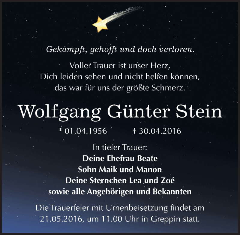  Traueranzeige für Wolfgang Günter Stein vom 13.05.2016 aus Mitteldeutsche Zeitung Bitterfeld