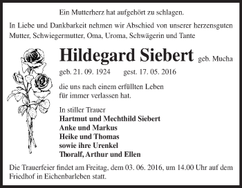 Traueranzeige von Hildegard Siebert von Super Sonntag Wittenberg