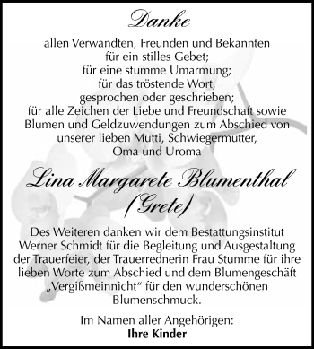 Traueranzeige von Lina Margarete Blumenthal von WVG - Wochenspiegel Quedlinburg