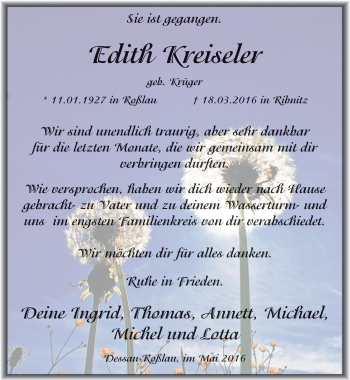 Traueranzeige von Edith Kreiseler von Mitteldeutsche Zeitung Dessau-Roßlau