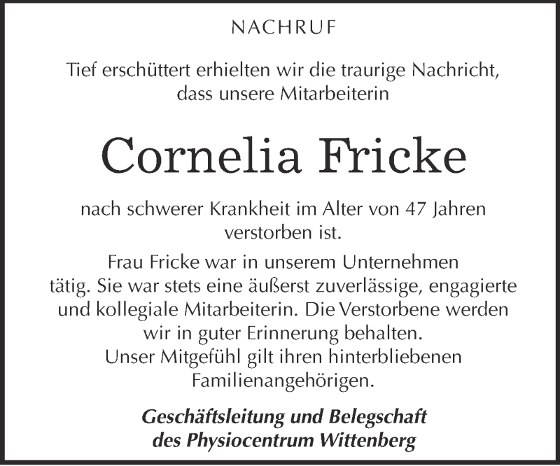  Traueranzeige für Cornelia Fricke vom 07.05.2016 aus Super Sonntag Wittenberg