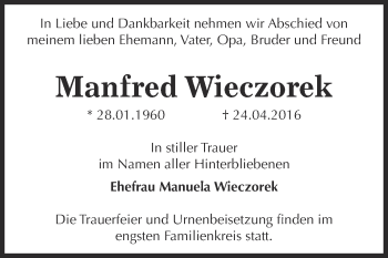 Traueranzeige von Manfred Wieczorek von WVG - Wochenspiegel Dessau / Köthen