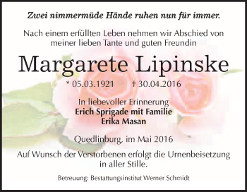 Traueranzeige von Margarete Lipinske von WVG - Wochenspiegel Quedlinburg
