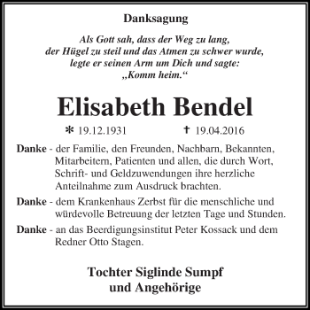 Traueranzeige von Elisabeth Bendel von WVG - Wochenspiegel Dessau / Köthen