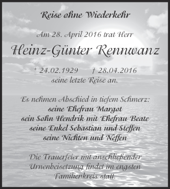 Traueranzeige von Heinz-Günter Rennwanz von WVG - Wochenspiegel Dessau / Köthen