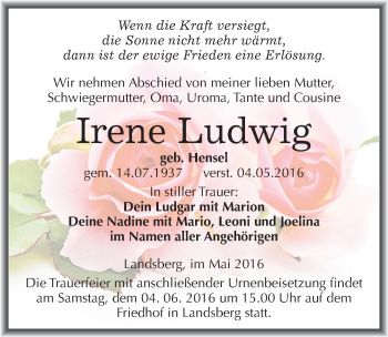 Traueranzeige von Irene Ludwig von Mitteldeutsche Zeitung Halle/Saalkreis